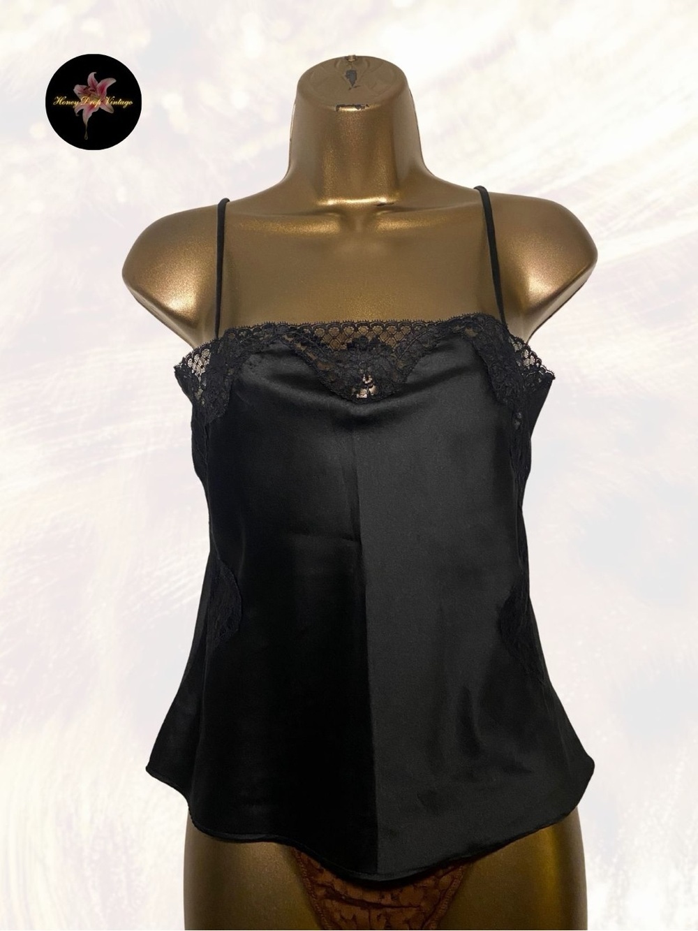 Vintage Black Satin Lace Trim Cami Top